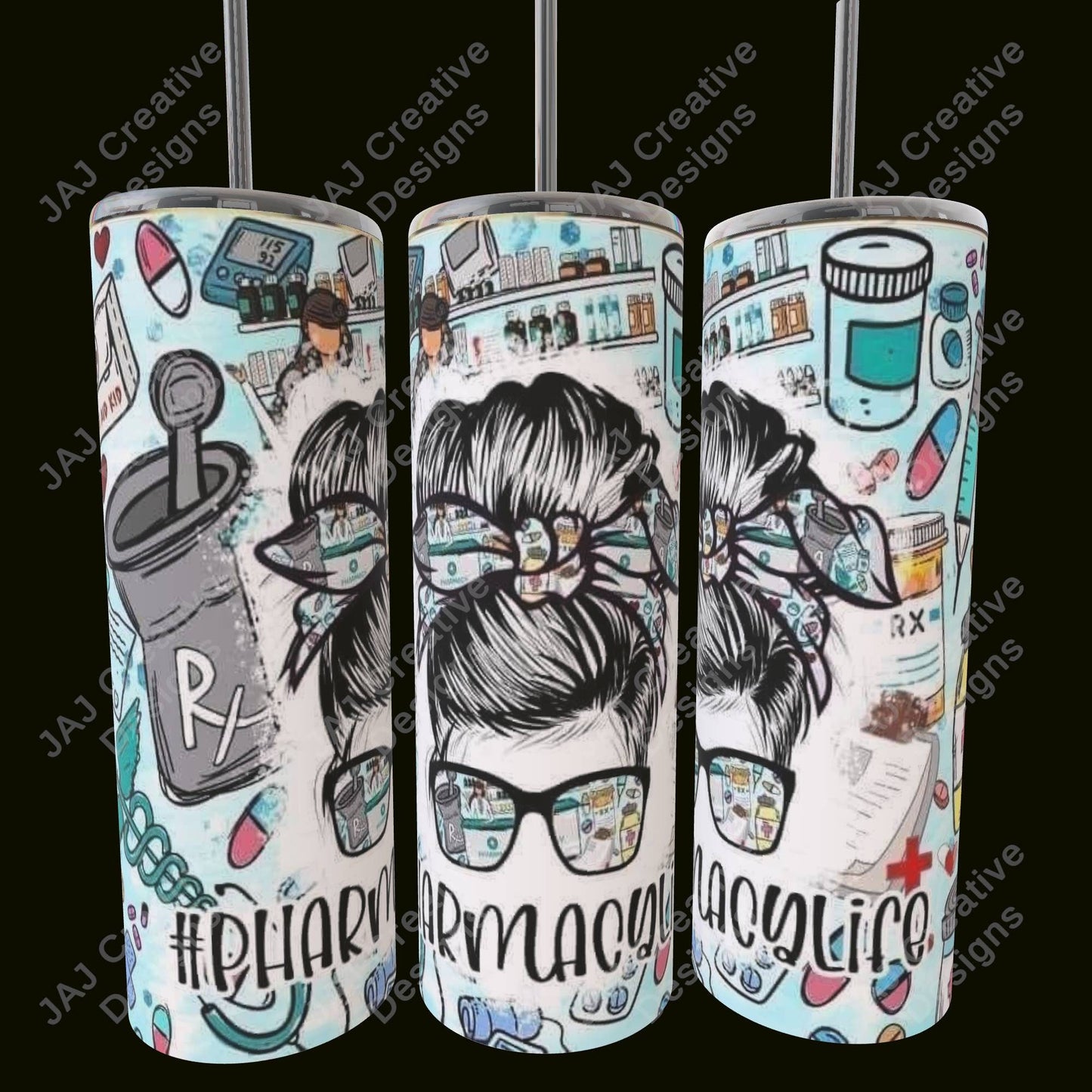Messy Bun Pharmacy Life - 20 oz Skinny Tumbler with Lid and Straw