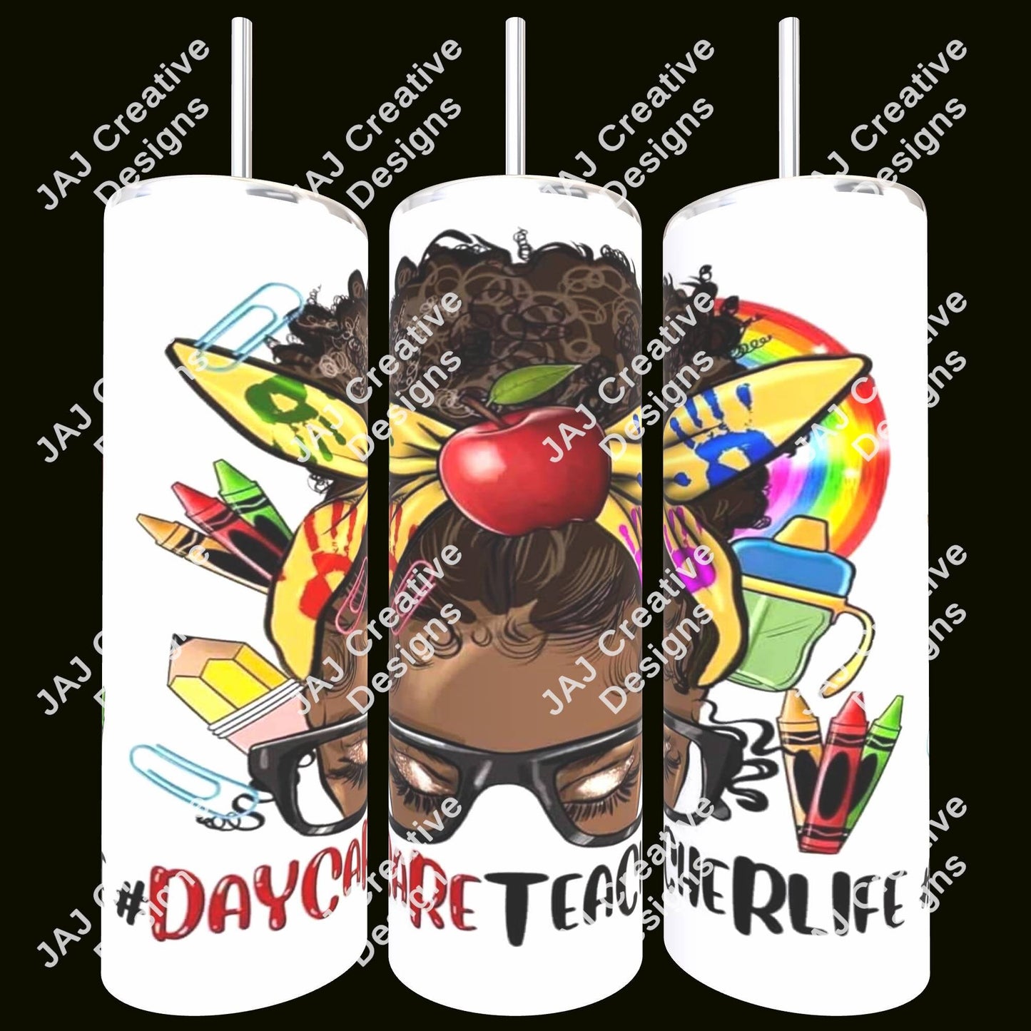Messy Bun Daycare Teacher Life - 20 oz Skinny Tumbler with Lid and Straw